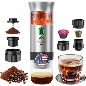 Portable Espresso Maker, Portable Espresso Machine, Fast Self-Heating Electric Coffee Maker, 20 Bar 3 in 1 Car Coffee Maker with USB-C, with Capsule&Ground Coffee for Travel, Camping,Office,RV(Silver)