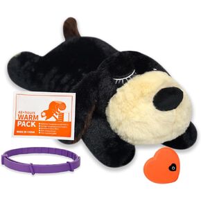 Dogs Calming Toy with Heartbeat, Dog Anxiety Relief Calming Aid,Anxiety Relief for Dogs Calming,Box Included a pet Calming Collars,48h Warm Pack,Plush Puppy Toy,Heartbeat Toy(Black)