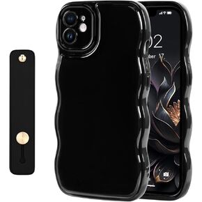 NITITOP Compatible with iPhone 14 Plus Case Cute Simple Wave Design Stylish Wavy Curly Frame with Wrist Adjustable Hand Strap Kickstand Grip Holder Soft Silicone Protective Cover - Wine Red