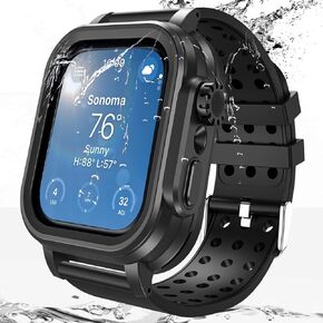 Hensinple Waterproof Case For Apple Watch Band 45mm Series 8/7 with Case, IP68 Waterproof Case built-in Screen Protector 360 Full Protective Shockproof Durable Band Cover for Men Women 45mm, Black
