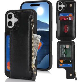Cavor for iPhone 16 Case with Card Holder,for iPhone 16 Wallet Case for Women,Phone Case for iPhone 16 Case with Wallet,Leather Zipper Pocket Shockproof Case-Leopard White
