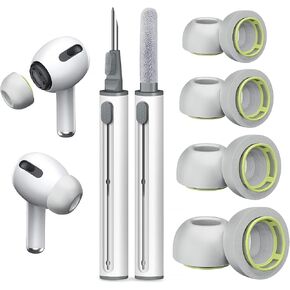 Memory Foam Ear Tips for AirPods Pro 1st & 2nd Gen, No Silicone Eartips Pain, Better Noise Cancellation, Replacement Buds with 3 in 1 Cleaner Kit and Fit in Charging Case-(White, XS/S/M/L)