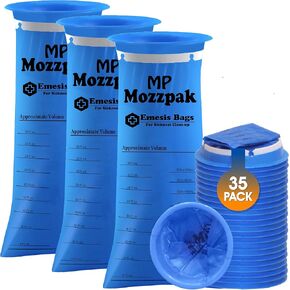 MP MOZZPAK Vomit Bags Disposable – 35 Pack – 1000ml Barf Bags – Leak Resistant, Medical Grade, Portable Emesis Bags, Puke, Throw Up, Nausea Bags for Travel Motion Sickness, Car & Aircraft, Kids, Taxi