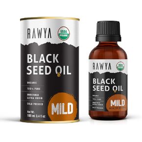 RAWYA Black Seed Oil, Organic, 3.4 Fl Oz, Mild Taste, High TQ, Cold Pressed, Glass Bottle, Nigella Sativa Oil, Black Cumin Seed Oil, Kalonji Oil, Great for Skin and Hair Care, Immune Booster