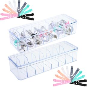 4 PCS Cable Organizer Boxes with Lid, Clear Power Cord Storage Box with 48pcs Wire Ties, 8 Grid Large Desktop Stationery Case Electronics Organizer for Home Office (4 box with 48 ties)