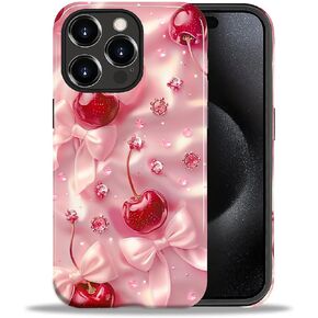 Designed for iPhone 16 Case - Dual Layer Cell Phone Protective Case - Pink Cherry Bow Pattern for iPhone 16 Case - Scratch-Resistant Shockproof Cover for Girls Boys