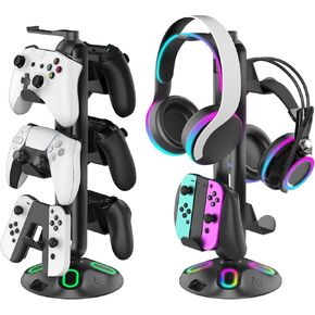 Headphone Stand RGB Controller Stand 9 Lighting Modes Headset Holder with USB Charging Data Transfer Controller Holder for Desk Gaming Accessories PC Setup (White)