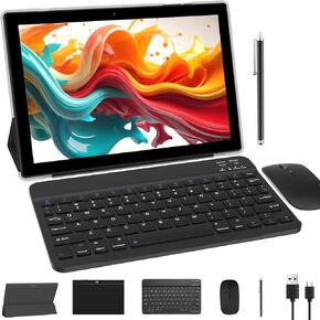 10 inch Tablet with Keyboard 2 in 1 Tablet Android 14 Tablets Include Case Mouse Stylus 6000mAh battery 8GB+64GB/1024GB Expandable 10.1" Tableta, Dual Camera tab, WiFi Bluetooth Tablet PC (Pink)