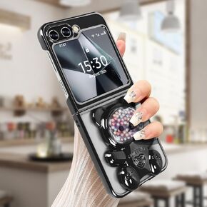 Omio Designed for Samsung Galaxy Z Flip 6 Case with Bear Hidden Stand, Luxury Clear Plating Case for Women Girls Cute Flowing Bead Quicksand Kickstand Phone Case Shockproof Slim PC Cover, Green