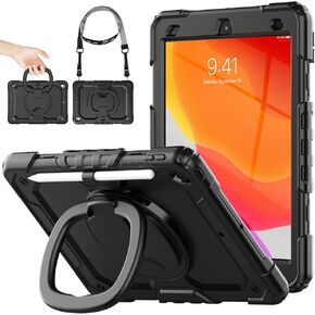 SEYMAC stock Shockproof Tablet Case for iPad 9th/8th/7th Generation 10.2 inch, Full-Body Drop Protection Case with Pencil Holder & [360 Ring Handle Stand] Screen Protector (Colorful Pink)
