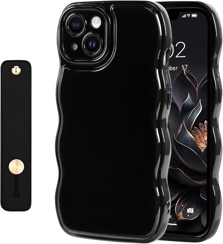 NITITOP Compatible with iPhone 14 Plus Case Cute Simple Wave Design Stylish Wavy Curly Frame with Wrist Adjustable Hand Strap Kickstand Grip Holder Soft Silicone Protective Cover - Wine Red in Saudi Arabia