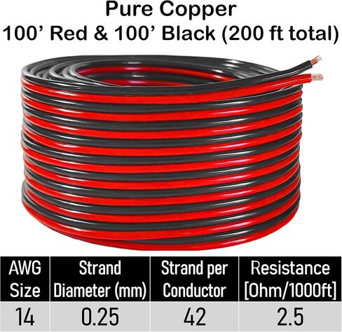 14 Gauge 100% Copper Stranded Red Black Zip Cable | OFC 14 AWG (American Wire Guage) 2 Conductor Bonded Cord for DC Power Automotive Car Audio Speaker LED Trailer Light Hookup Primary Wiring (50 ft) in Saudi Arabia