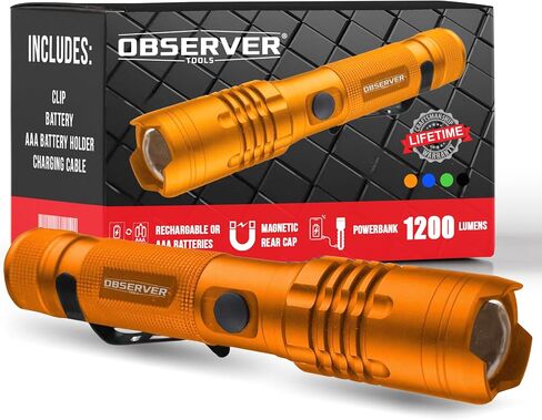 High Lumen Utility Flashlight, Rear Magnet, LED, Rechargeable, Powerbank for Phone, AAA Adapter - Tactical Flashlight, Military Flashlight, Police Flashlight, 1200 Super Bright Lumens in Saudi Arabia