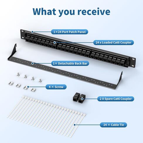 48 Port Cat6 Patch Panel, 10G Pass-Through Keystone RJ45 Coupler, UTP 19-Inch 2U Patch Panel with Removable Back Bar, Ethernet Network Patch Panel for Cat5, Cat5e, Cat6 Cabling in Saudi Arabia