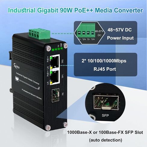 Mini Industrial 1.25G SFP Fiber to Ethernet Media Converter Supports DIN-Rail Installation, 1x 100/1000Base-X SFP Slots to 2X 10/100/1000Base-T RJ45 Gigabit 2 Port Fiber Switch, 12~48V DC Power Input in Saudi Arabia