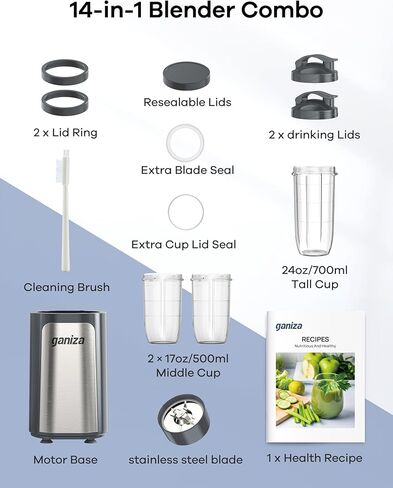 Ganiza Smoothie Blenders, 14Pcs Personal Blender for Shakes and Smoothies for Kitchen with 3 Portable Blender Cups (1x24oz & 2X17oz), Single Serve Smoothies Maker for Juices, Nutritious Recipe in Kuwait