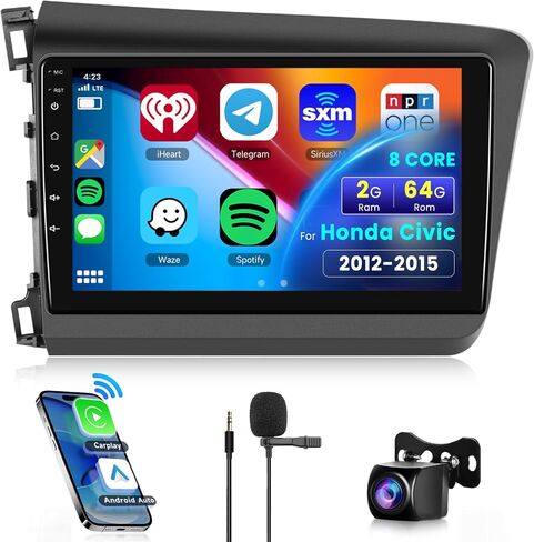 8 CORE 4G+64G Car Radio Stereo for Honda Civic 2012-2015 with Wireless CarPlay/Android Auto, 9 Inch 1280 * 720P IPS Touch Screen Android 13 GPS WiFi Bluetooth DSP SWC HD Backup Camera in Saudi Arabia