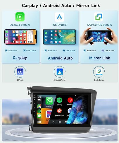 8 CORE 4G+64G Car Radio Stereo for Honda Civic 2012-2015 with Wireless CarPlay/Android Auto, 9 Inch 1280 * 720P IPS Touch Screen Android 13 GPS WiFi Bluetooth DSP SWC HD Backup Camera in Saudi Arabia