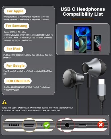 سماعات USB C لـ iPhone 16/15 Pro Max مع سماعات الأذن السلكية لـ MIC لـ Samsung Galaxy S25 S24 Ultra/S23 ، Volume Control Control Destero Novening Direds For Google Pixel 9 Pro in Kuwait