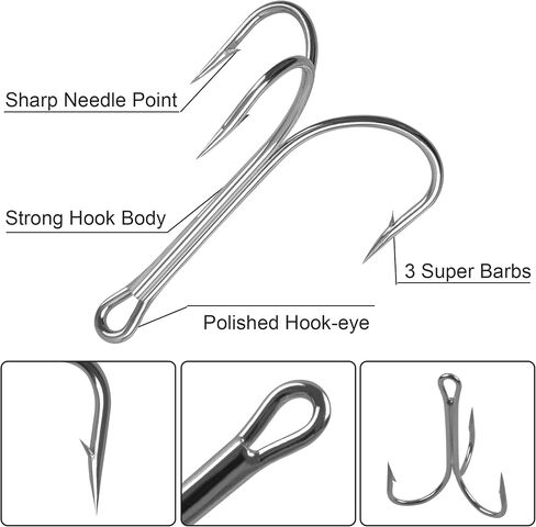 15pcs Classic Treble Fishing Hooks Large Size Silver Triple Barbed Fish Hook Strong Sharp Saltwater Fishing Hooks Size 4/0 6/0 7/0 8/0 9/0 10/0 in Saudi Arabia