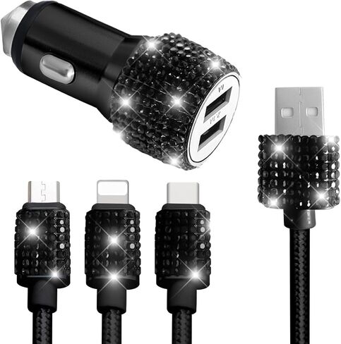Bling Dual USB Car Charger, Rhinestone 3-in-1 Cable, Red in Kuwait
