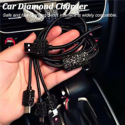 Bling Dual USB Car Charger, Rhinestone 3-in-1 Cable, Red in Kuwait