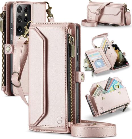 Crossbody Wallet Case Compatible with Samsung Galaxy S21 Ultra 5G RFID Blocking 10-Card Holder Soft PU Leather Magnetic Snap Strap Zipper Pocket Phone Case Fit for Galaxy S21 Ultra - Black in Saudi Arabia