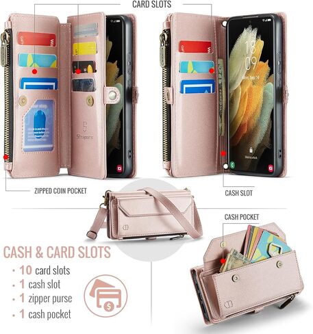 Crossbody Wallet Case Compatible with Samsung Galaxy S21 Ultra 5G RFID Blocking 10-Card Holder Soft PU Leather Magnetic Snap Strap Zipper Pocket Phone Case Fit for Galaxy S21 Ultra - Black in Saudi Arabia