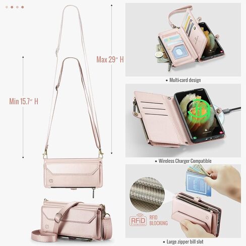 Crossbody Wallet Case Compatible with Samsung Galaxy S21 Ultra 5G RFID Blocking 10-Card Holder Soft PU Leather Magnetic Snap Strap Zipper Pocket Phone Case Fit for Galaxy S21 Ultra - Black in Saudi Arabia