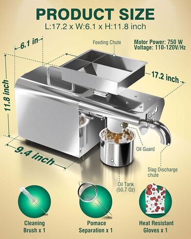 PYY Oil Press Machine - Upgrade 1800W Cold & Hot Press Automatic Electric Oil Maker Extractor for Home, Seeds Nuts Oil Expeller Press Mill, Stainless Steel Household for Peanut Flaxseed Olive Kernel in Saudi Arabia