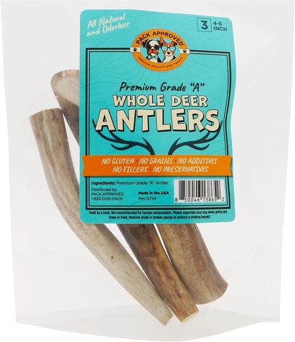 Whole Deer Antler for Dogs - Long Lasting Dog Chews for Aggressive Chewers - Single Ingredient Dog Treat & Odorless Deer Antlers for Small Dogs & Medium Dogs - 4-5" (3ct) in Kuwait