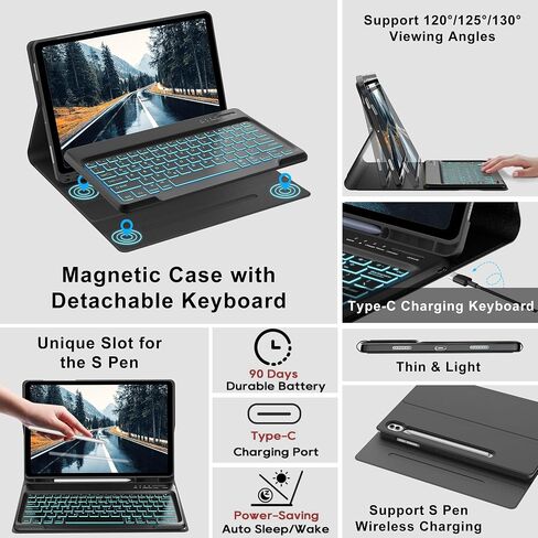 Samsung Galaxy Tab S9 Plus/S9 FE Plus 12.4" Keyboard Case | Multi-Touch Trackpad | 7 Color Backlit | Detachable Wireless Bluetooth Keyboard | S Pen Holder | Smart Folio Cover for Galaxy Tab S9+/S9 fe+ in Saudi Arabia