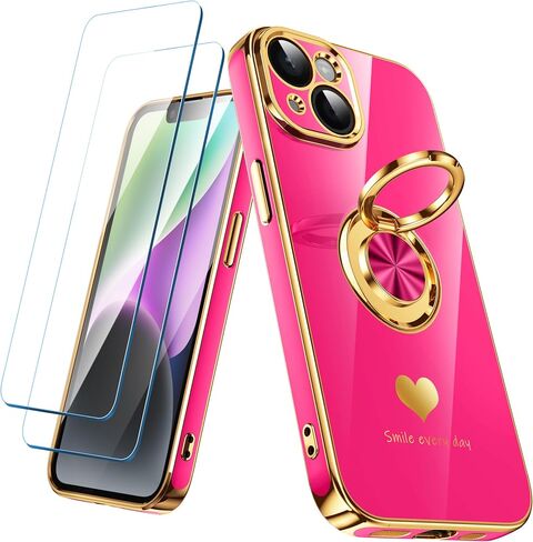 Compatible for iPhone 14 Case with 2 Pack Screen Protector, 360° Rotatable Ring Holder [Luxury Hearts Pattern] Plating Gold Edge Slim Soft Phone Cover Case for iPhone 14 - Purple in Saudi Arabia
