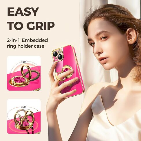 Compatible for iPhone 14 Case with 2 Pack Screen Protector, 360° Rotatable Ring Holder [Luxury Hearts Pattern] Plating Gold Edge Slim Soft Phone Cover Case for iPhone 14 - Purple in Saudi Arabia