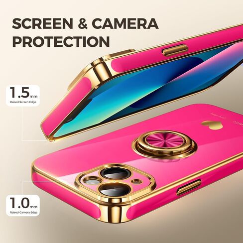 Compatible for iPhone 14 Case with 2 Pack Screen Protector, 360° Rotatable Ring Holder [Luxury Hearts Pattern] Plating Gold Edge Slim Soft Phone Cover Case for iPhone 14 - Purple in Saudi Arabia