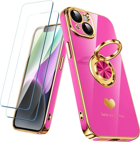 Compatible for iPhone 14 Case with 2 Pack Screen Protector, 360° Rotatable Ring Holder [Luxury Hearts Pattern] Plating Gold Edge Slim Soft Phone Cover Case for iPhone 14 - Purple in Saudi Arabia