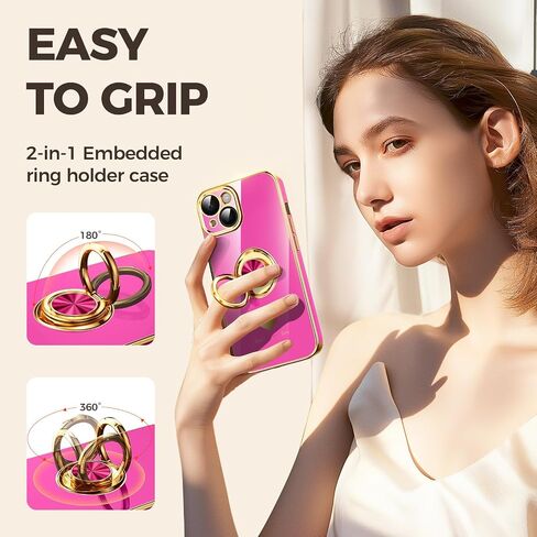 Compatible for iPhone 14 Case with 2 Pack Screen Protector, 360° Rotatable Ring Holder [Luxury Hearts Pattern] Plating Gold Edge Slim Soft Phone Cover Case for iPhone 14 - Purple in Saudi Arabia