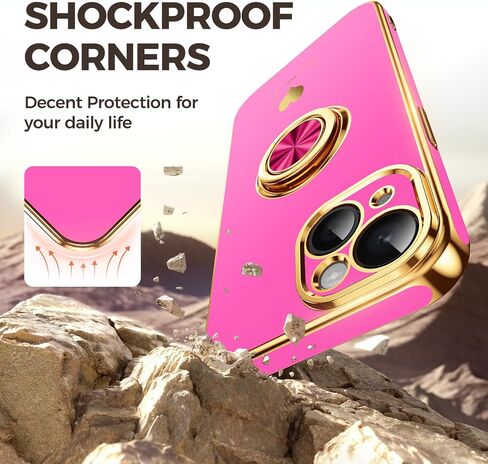 Compatible for iPhone 14 Case with 2 Pack Screen Protector, 360° Rotatable Ring Holder [Luxury Hearts Pattern] Plating Gold Edge Slim Soft Phone Cover Case for iPhone 14 - Purple in Saudi Arabia
