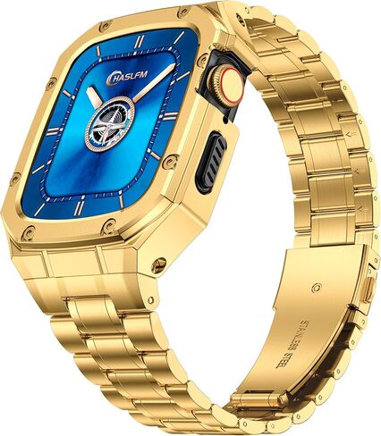 Stainless Steel Watch Band and Case Compatible with Apple Watch Ultra 2/Ultra (49mm),Adjustable Metal Strap and Rugged Protector Cover for iWatch Men,Gold in Saudi Arabia