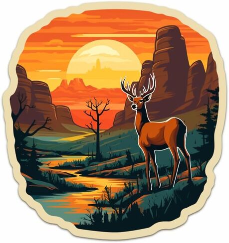 الجبال الجمالية ملصق الغزلان غروب الشمس للغيتار ، لوح التزلج ، زجاجات المياه ، الكمبيوتر المحمول ، ملصق ملصق فينيل مقاوم للماء 5 بوصة (التصميم 4) in Kuwait