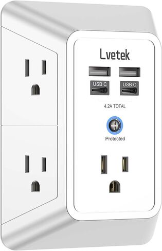 حامي مخرج متعدد المكونات-قطاع طاقة من 3 جوانب مع 5 موسع للمنفذ و 4 منافذ USB (2 USB-C) وضوء ليلي ، شاحن جدار USB للمنزل ، المكتب ، السفر ، المدرجة في ETL ، أبيض in Saudi Arabia