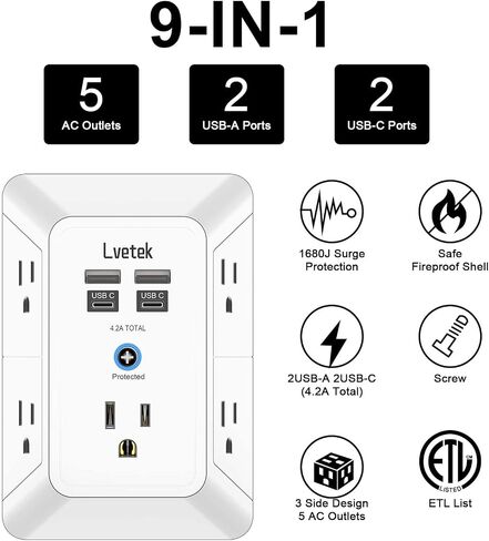 حامي مخرج متعدد المكونات-قطاع طاقة من 3 جوانب مع 5 موسع للمنفذ و 4 منافذ USB (2 USB-C) وضوء ليلي ، شاحن جدار USB للمنزل ، المكتب ، السفر ، المدرجة في ETL ، أبيض in Saudi Arabia
