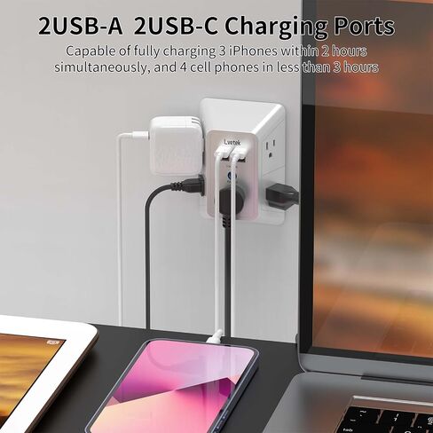 حامي مخرج متعدد المكونات-قطاع طاقة من 3 جوانب مع 5 موسع للمنفذ و 4 منافذ USB (2 USB-C) وضوء ليلي ، شاحن جدار USB للمنزل ، المكتب ، السفر ، المدرجة في ETL ، أبيض in Saudi Arabia