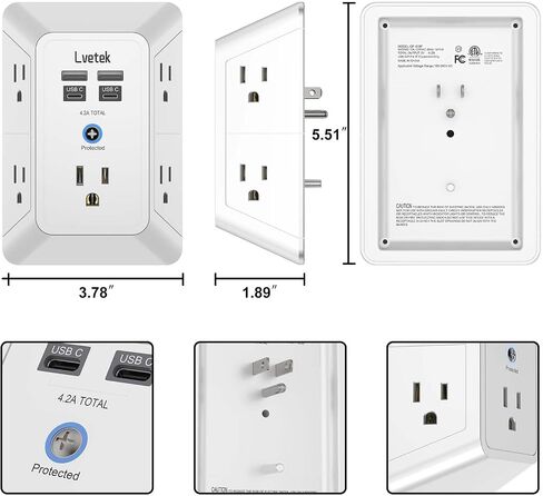 حامي مخرج متعدد المكونات-قطاع طاقة من 3 جوانب مع 5 موسع للمنفذ و 4 منافذ USB (2 USB-C) وضوء ليلي ، شاحن جدار USB للمنزل ، المكتب ، السفر ، المدرجة في ETL ، أبيض in Saudi Arabia