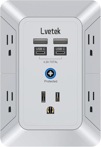 حامي مخرج متعدد المكونات-قطاع طاقة من 3 جوانب مع 5 موسع للمنفذ و 4 منافذ USB (2 USB-C) وضوء ليلي ، شاحن جدار USB للمنزل ، المكتب ، السفر ، المدرجة في ETL ، أبيض in Saudi Arabia