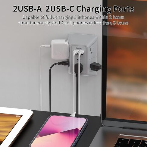 حامي مخرج متعدد المكونات-قطاع طاقة من 3 جوانب مع 5 موسع للمنفذ و 4 منافذ USB (2 USB-C) وضوء ليلي ، شاحن جدار USB للمنزل ، المكتب ، السفر ، المدرجة في ETL ، أبيض in Saudi Arabia