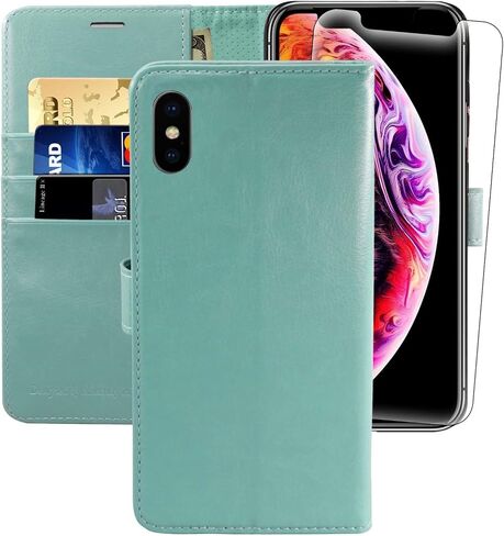 MONASAY Wallet Case Compatible for iPhone Xs MAX, 6.5-inch, [Glass Screen Protector Included] [RFID Blocking] Flip Folio Leather Cell Phone Cover with Credit Card Holder, Burgundy in Saudi Arabia