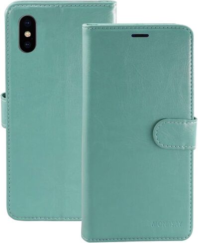 MONASAY Wallet Case Compatible for iPhone Xs MAX, 6.5-inch, [Glass Screen Protector Included] [RFID Blocking] Flip Folio Leather Cell Phone Cover with Credit Card Holder, Burgundy in Saudi Arabia