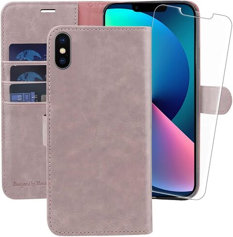 MONASAY Wallet Case Compatible for iPhone Xs MAX, 6.5-inch, [Glass Screen Protector Included] [RFID Blocking] Flip Folio Leather Cell Phone Cover with Credit Card Holder, Burgundy in Saudi Arabia
