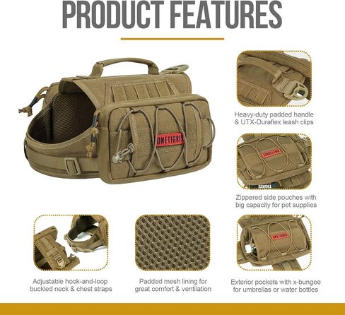 OneTigris Dog Backpack Mammoth for Medium & Large Dogs, Nylon Backpack for Dogs Tactical Pet Backpack with Side Pockets for Hiking Walking Training Running in Saudi Arabia